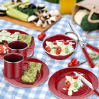 Nuogo 12 Pcs Enamel Camping Tableware Set Dinnerware Kit Includes 12 oz Coffee Mugs Camping Plates Bowls and Utensils Set with Knife Fork Spoon for 2 People Hiking Picnic Outdoor