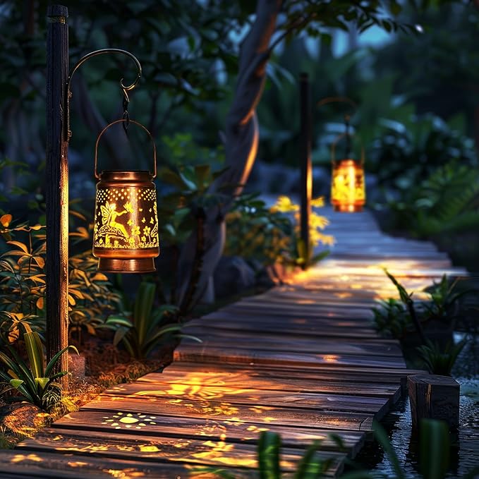 Homemory Solar Lanterns Fairy Lights Outdoor Waterproof Garden Decor Women Gifts for Birthday, LED Hanging Solar Lights Metal Lantern Decoration Outside for Yard, Patio, Backyard, Porch, Lawn