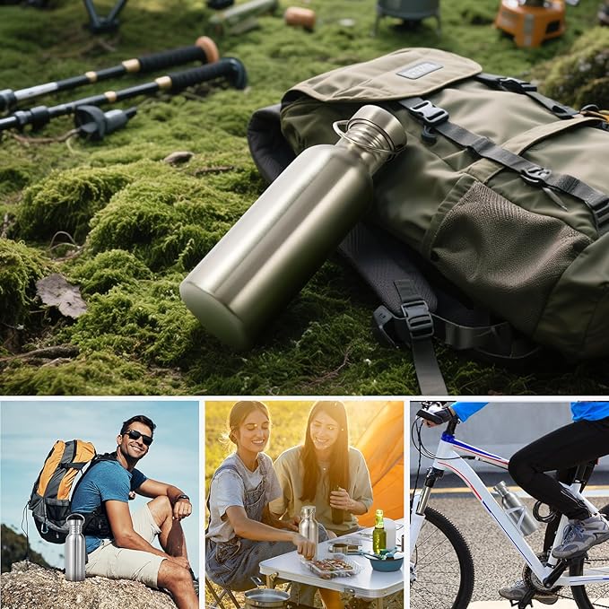 Volhoply 22oz Stainless Steel Water Bottle with Handle,Non Insulated Single Wall, Dishwasher Safe No Plastic 18/8 304 Metal Water Bottles with Wide Mouth for Camping, Hikers, Cyclists