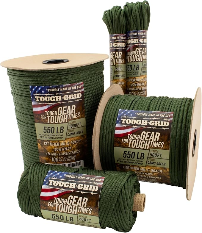TOUGH-GRID 550 Paracord Rope Nylon Parachute Cord, Made in USA Survival Kit, Outdoor Adventures, Camping, Tactical Gear & Emergency Supplies, Military Type III Mil-Spec