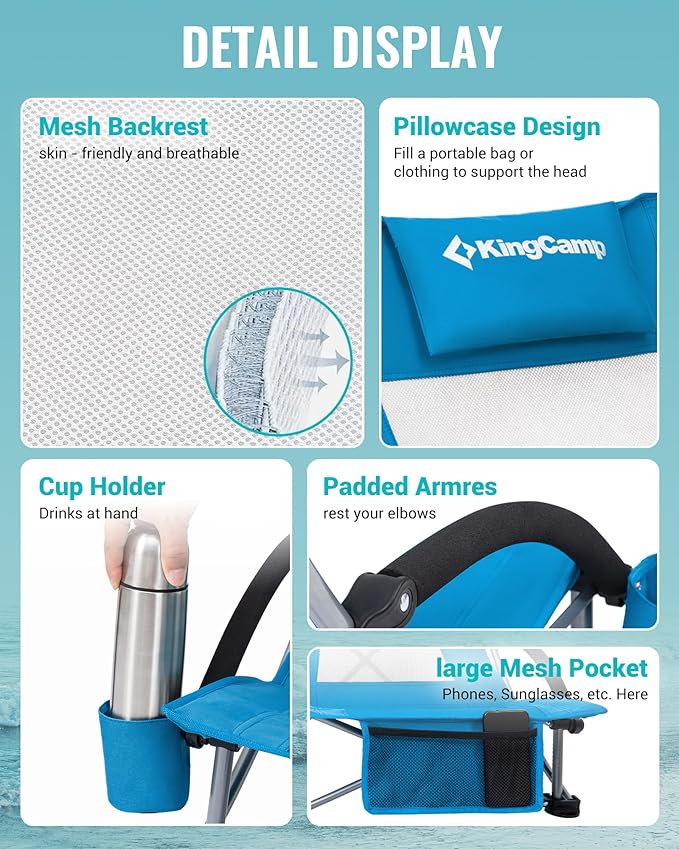 KingCamp Low Beach Chairs, Portable Folding Chair for Adults Extra Wide Ergonomic High Back Seat 300lbs Heavy Duty Lightweight Oversized Gear with Carry Bag for Outdoor Lawn Camping Picnic