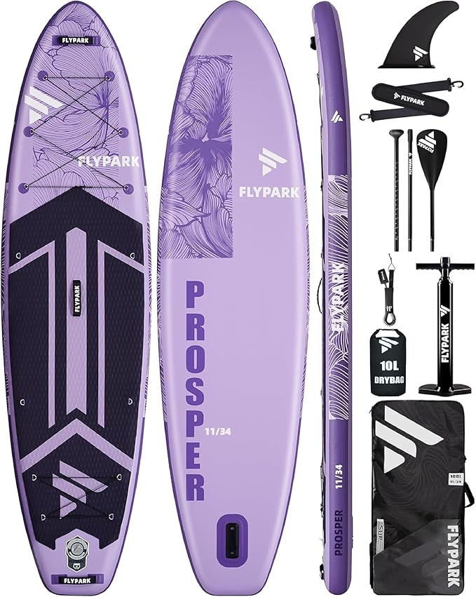 Flypark 11'x34 Inflatable Paddle Boards, Extra Wide SUP for 420lbs/3Adults, Yoga Stand Up Paddle Board, 110L Backpack, 15 D-Rings, Shoulder Strap, US-Fin, 2-Action Pump