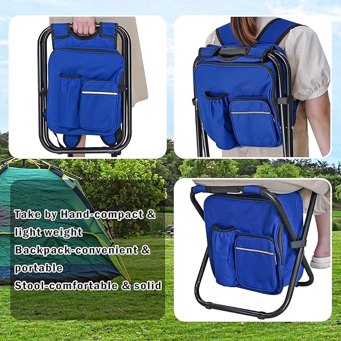 Kikerike Backpack Stool Cooler Chair Heavy Duty 400 LBS Max Load Portable Lightweight Stool Backpack Folding Fishing Cooler Seat for Camping Hunting Fishing - Dark Blue