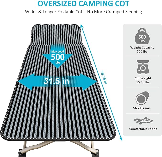 ATORPOK Oversized Camping Cot for Adults, Extra Wide 31.5'' Folding Bed with Carry Bag, Lightweight 500lbs Support, Portable Sleeping Cot for Home, Office, Camping