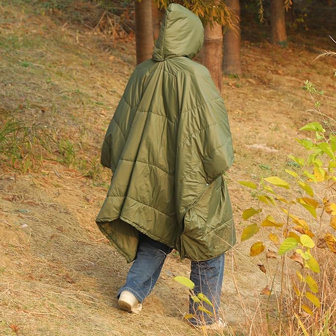 REDCAMP Wearable Camping Blanket Lightweight, Multifunctional Warm Travel Quilt Waterproof, Compact Wearable Poncho with Detachable Hood for Camping, Hiking (Army Green)