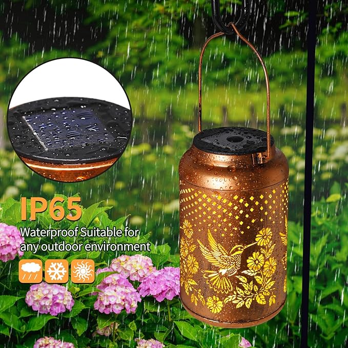 2 Pack Hummingbird Solar Lanterns Outdoor Waterproof Hanging Solar Lights, Garden Decor Gifts for Women Mom Grandma Metal Garden Decorative Lights for Yard, Backyard, Patio, Porch