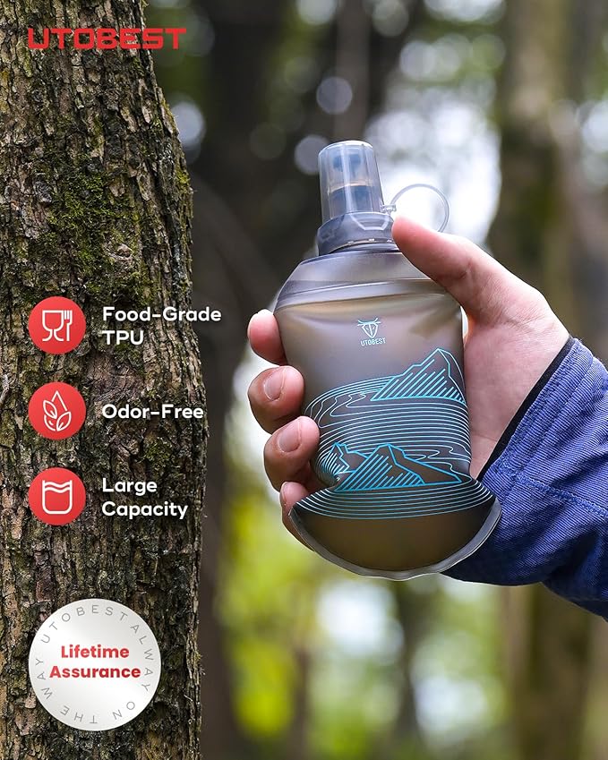 UTOBEST 200ml Soft Flask, 2 Pack Flexible TPU Hydration Water Bottle, Collapsible with 28mm Caliber for Running, Hiking, Cycling, Climbing, and Marathon Blue