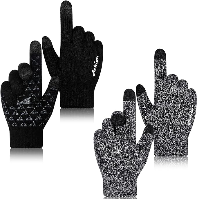 Achiou Winter Gloves for Men Women, 2 Pairs Touch Screen Texting Warm Running Gloves Thermal Soft Knit Lining, Elastic Cuff