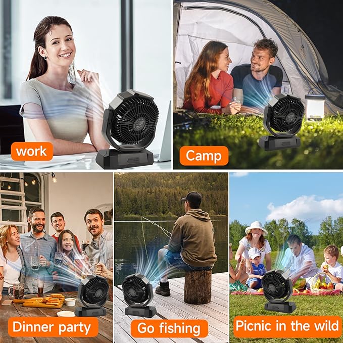 40000mAh Battery Powered Camping Fan,12-Inch Portable Personal Fan with Remote,LED Lantern, 6 Speeds,Timer,Auto Oscillation,Digital Display Cordless Tent Fan (Black)