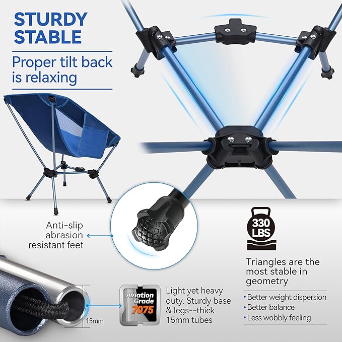 MARCHWAY Lightweight Folding Camping Chair, Portable Foldable Compact for Outdoor Camp, Travel, Beach, Picnic, Festival, Hiking, Backpacking, Supports 330Lbs (Dark Blue)