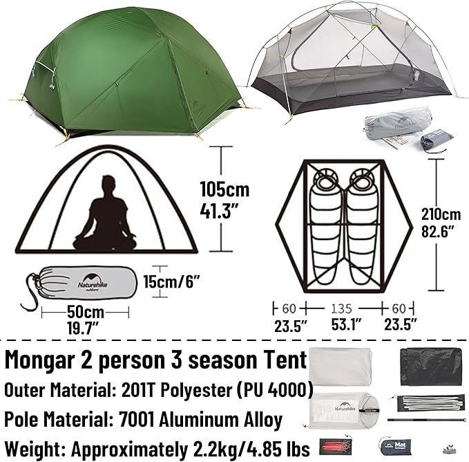 Naturehike Mongar UL Tent [2025 Upgrade] 1.5kg/3.3lb Ultralight Tents,1/2 Person Backpacking Tent,4 Modes of use, Waterproof,Hiking Tents for Camping