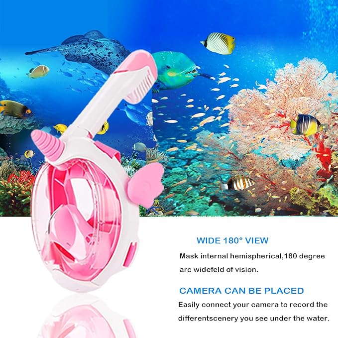 Kids Snorkel Mask, Full Face Snorkel Mask for Kids 4-16, 180 HD View Anti-Fog Anti-Leak Snorkel Mask for Kids Snorkel Set Snorkeling Gear for Kids
