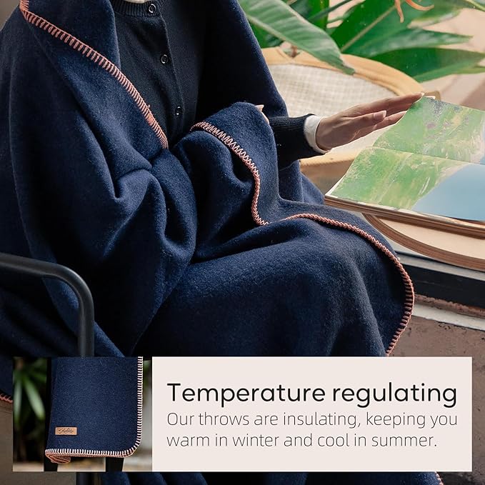 100% Wool Blanket, 48" x 62", Warm, Thick, Washable, Military Wool Blanket, Great for Camping, Outdoors, Sporting Events, Survival Kits，Navy