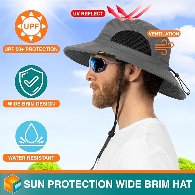 SUN CUBE Wide Brim Sun Hat Men Women, Fishing Hats Sun UV Protection, Mens Hiking Bucket Hat Safari Beach Boonie, UPF 50+
