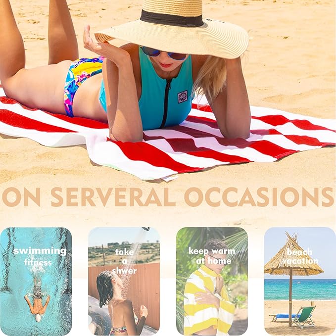 Exclusivo Mezcla 4 Pack Cotton Large 30x60 Inches Soft Cabana Stripe Thick Beach Towel, Super Absorbent Travel Bath Pool Towel (Red/Turquoise/Yellow/Ocean Blue)