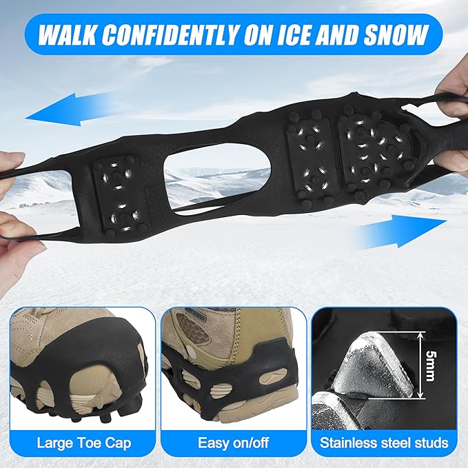 Ice Cleats Snow Walk Traction Cleats Crampon for Walking on Snow and Ice Upgrade 28 Studs Non-Slip Overshoe Rubber Anti Slip Crampons Slip-on Stretch Footwear
