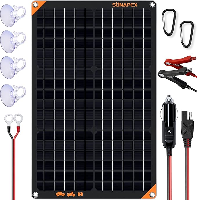 SUNAPEX 30W 12V Solar Panel Battery Charger Maintainer, Portable Waterproof Solar Trickle Charger with Built-in Charge Controller, Cig Plug, Alligator Clips, O-Rings for Car, Truck,Tractor, Boat, etc