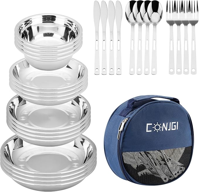 Camping Mess Kits - 28pcs Camping Dinnerware Set Camping Gifts Camping cookware Sets Camping Accessories Camping Cooking Utensils Set Bowls, Plates, Knives, Forks, Spoons