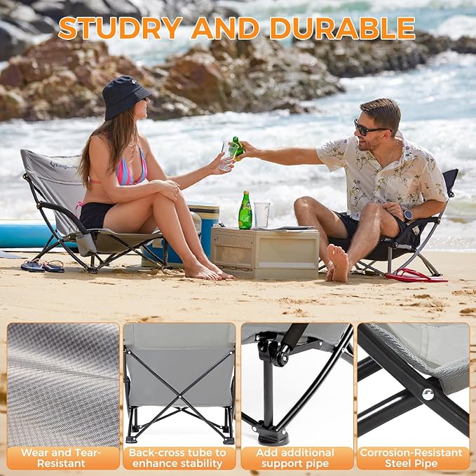 KingCamp Low Beach Chairs, Portable Folding Chair for Adults Extra Wide Ergonomic High Back Seat 300lbs Heavy Duty Lightweight Oversized Gear with Carry Bag for Outdoor Lawn Camping Picnic
