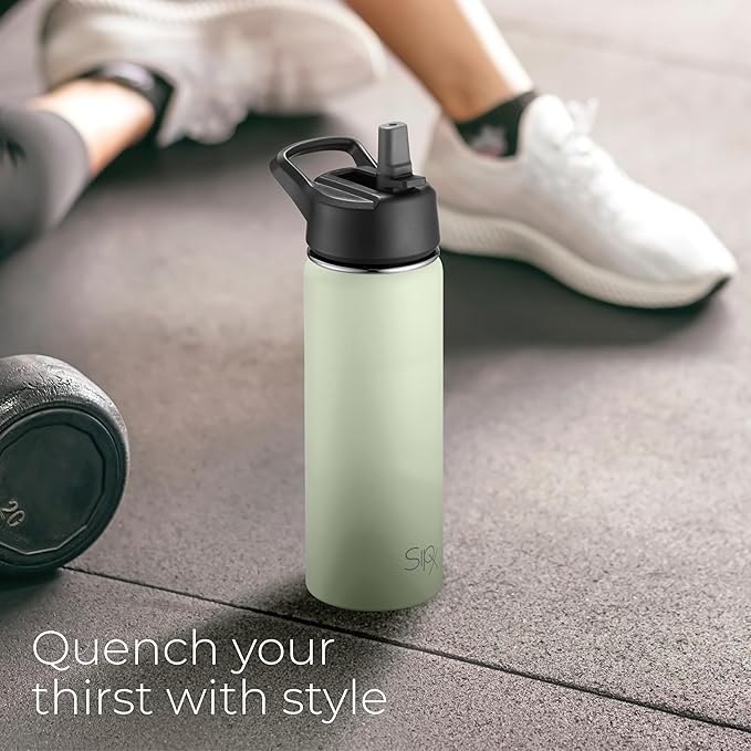 SipX™ Triple-Insulated Stainless Steel Water Bottle 18oz. With 3 Lids, BPA-Free Reusable Insulated Water Bottle Keeps Cold 24 Hours, (Green)