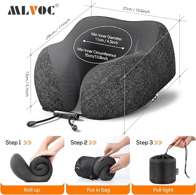 MLVOC Travel Pillow 100% Pure Memory Foam Neck Pillow, Comfortable & Breathable Cover, Machine Washable, Airplane Travel Kit with 3D Contoured Eye Masks, Earplugs, and Luxury Bag, Standard (Black)