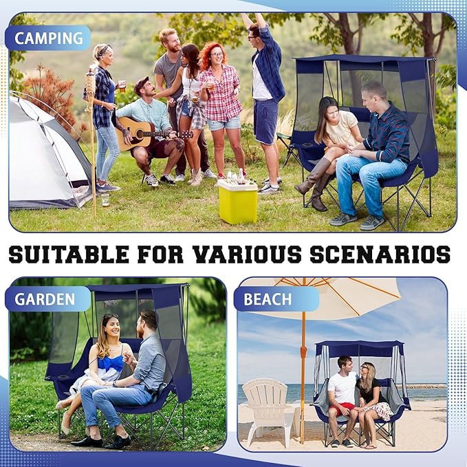 Double Camping Chair with Canopy Shade Oversized 2 Person Camping Sofa Fully Padded Folding Loveseat with Cup Hold and Storage Bag Sturdy for Lawn Beach Fall Outdoor Activities(Blue)