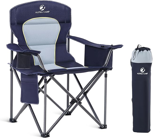 GREEN PARTY Folding Camping Chair Oversized Heavy Duty Lawn Chair with Cooler Bag, Cup Holder, Storage Pocket, Collapsible Padded Outdoor Arm Chair, Quad Lumbar