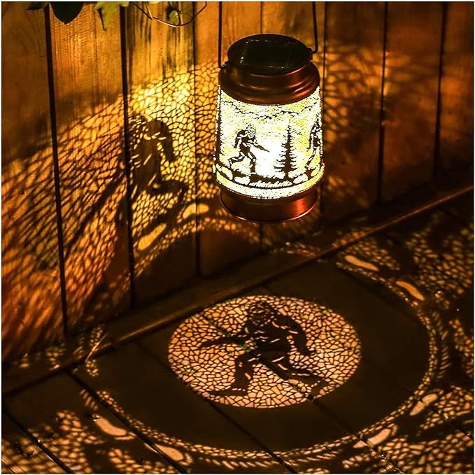 2 Pack Bigfoot Outdoor Solar Hanging Lanterns Waterproof LED Solar Lights Metal Decorative Lanterns for Garden, Patio, Courtyard, Backyard, Yard Decor Unique Bigfoot Gifts for Women Gardening