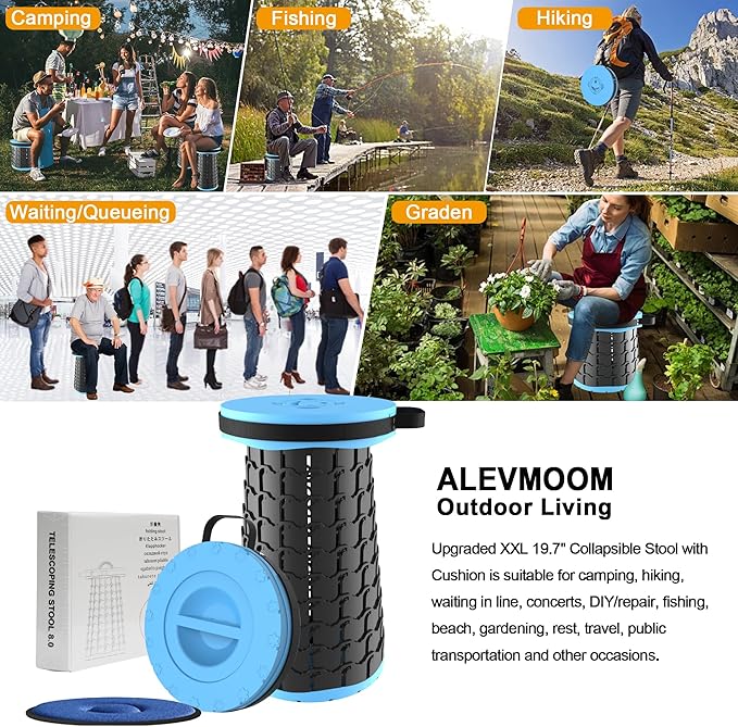 ALEVMOOM Upgraded XXL 19.7" Collapsible Stool, Heavy Duty Portable Folding Stool Max Load 1000 lbs, Retractable Telescoping Foldable Seat for Camping Fishing Hiking Travel BBQ