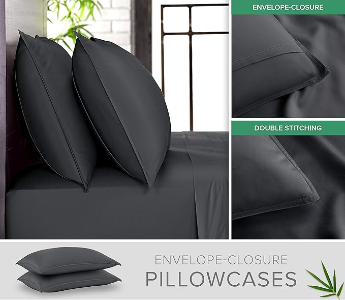 King Sheets by Pure Bamboo, Genuine 100% Organic Viscose Derived from Bamboo Bed Sheet Set, Luxuriously Soft & Cooling, Double Stitching, Lifetime Quality Promise (King, Charcoal)