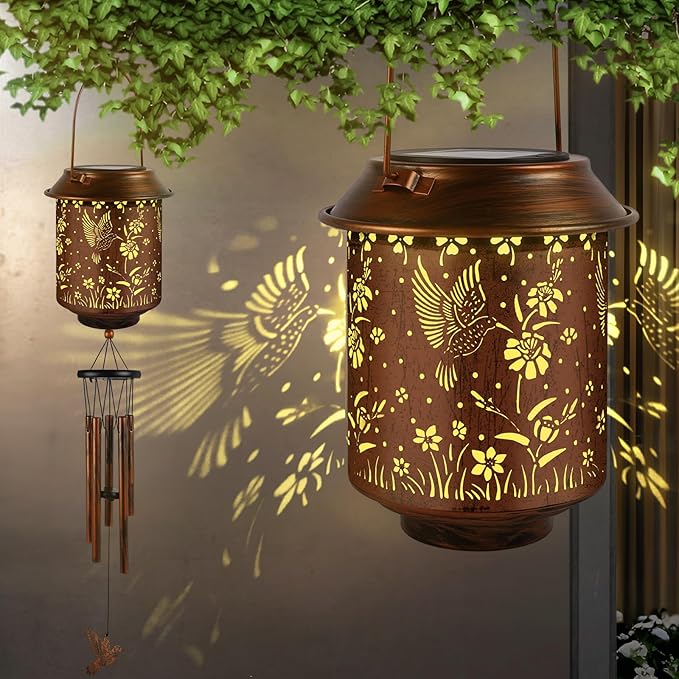 Solar Lanterns with Wind Chimes - Garden Decor Set Includes Greeting Card & Gift Wrap Paper, Patio Yard Birthday Gifts for Women, Solar Lanterns Outdoor Waterproof (Hummingbird)