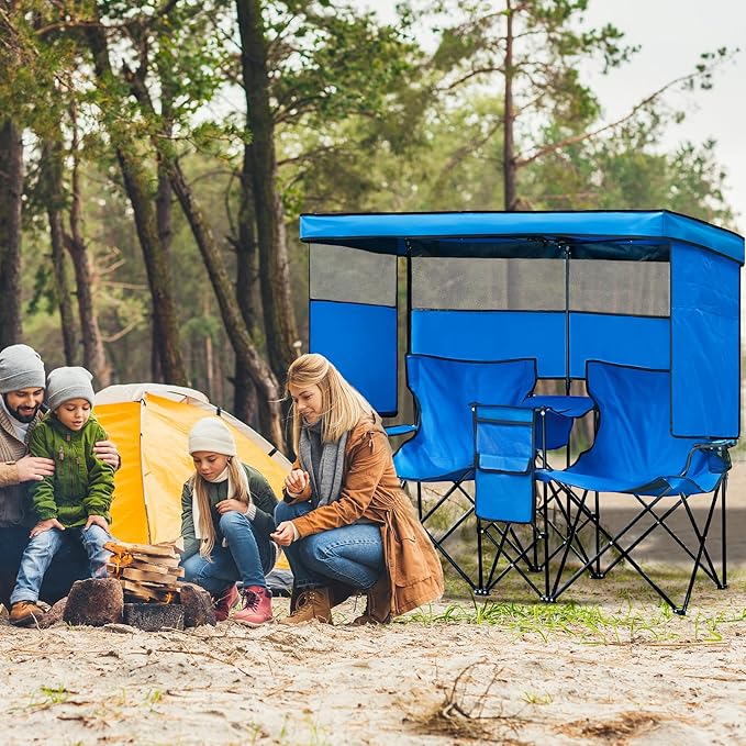 Double Beach Chair with Canopy Shade Heavy Duty Camping Chairs with Cup Holder Folding Loveseat for Outside Lawn