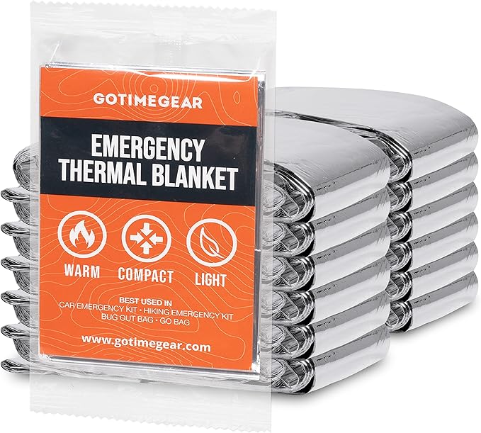 Go Time Gear Emergency Blankets for Survival (12 Pack), Mylar Emergency Survival Gear for Home, Camping, Hiking & Outdoor Survival Kits, Stay Warm, Dry, & Safe with Our Compact Space Blanket