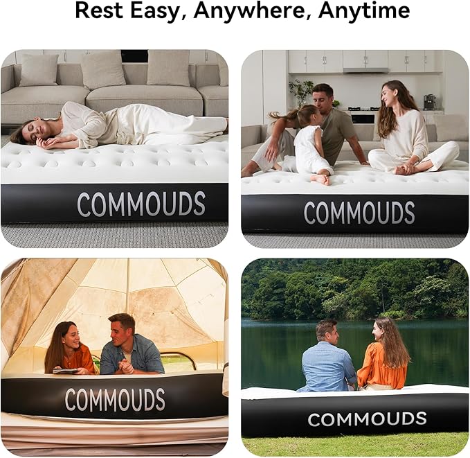 COMMOUDS Queen Air Mattress with Built-in Battery Powered Removable Pump, 13" High Inflatable Mattress, Portable Blow up Mattress, Air Bed for Camping, Home and Guest