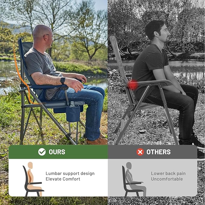 TIMBER RIDGE Oversized Folding Camping Chair with Lumbar Support Adjustable High Back Heavy Duty for Adults Support up to 500lbs with Cup Holder, Cooler Bag, Side Pocket, Blue 2Pcs