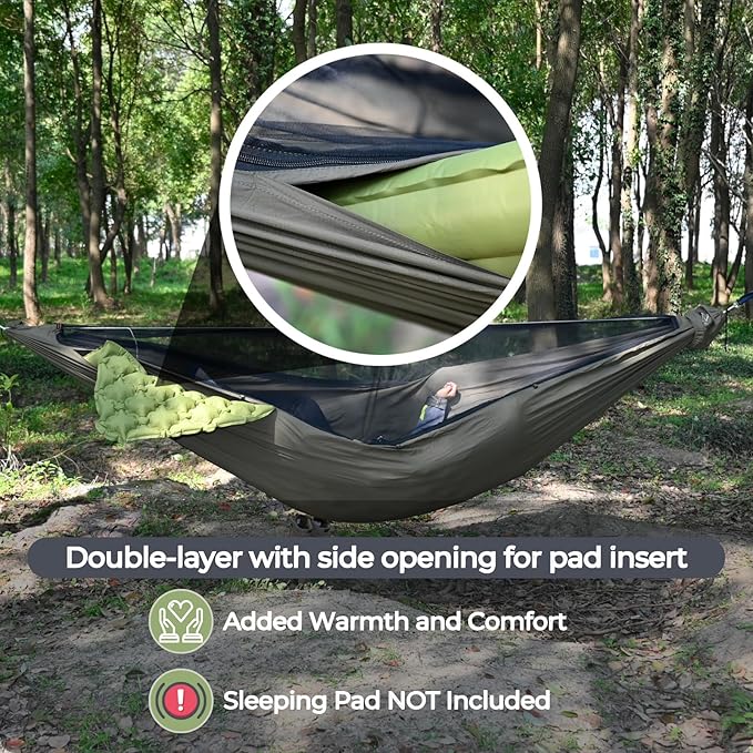 Onewind 11ft Zipper Hammock with Mosquito Net for Camping, Portable Double-Layer Northers Hammock with Adjustable Ridgeline for Camping, Hiking and Backpacking, OD Green, Sleeping Pad Not Included