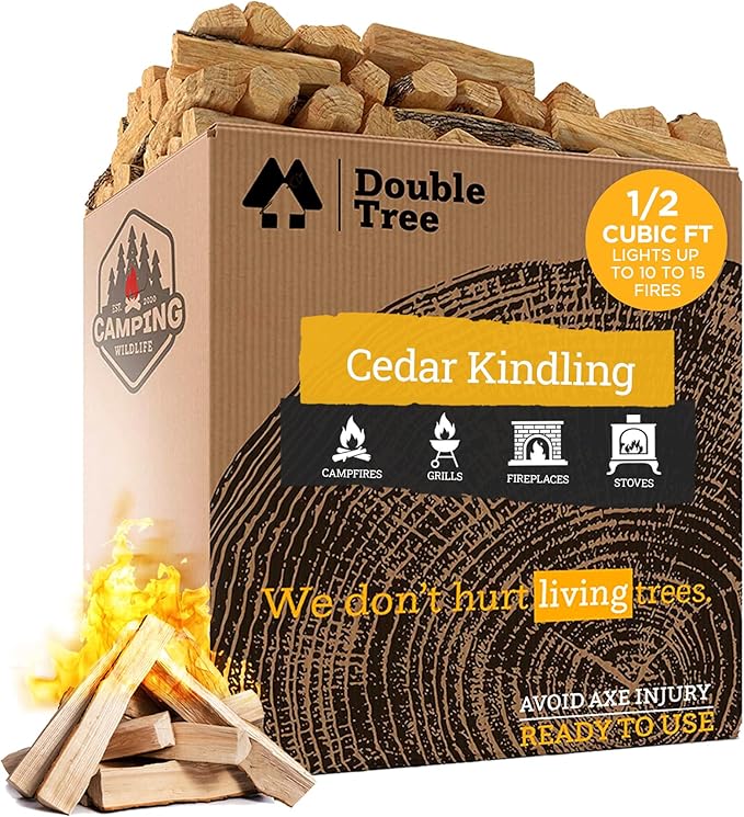 Double Tree Fire Starter Sticks - 100% Natural Cedar Wood Kindling, Quick & Easy Burning for Campfire, Camping Cooking Stove, Fire Pit, Fireplace & Grilling, lndoor & Outdoor - (Medium 1/2 Cubic ft)