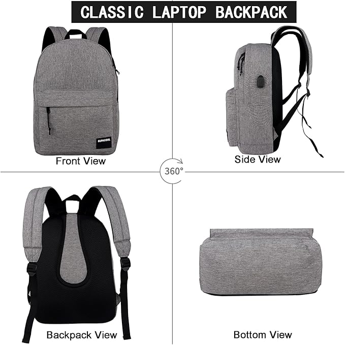SUPACOOL Casual Laptop Backpack for Men and Women, Backpack for College, USB Charging Port, Lightweight Pack Back(Light grey)