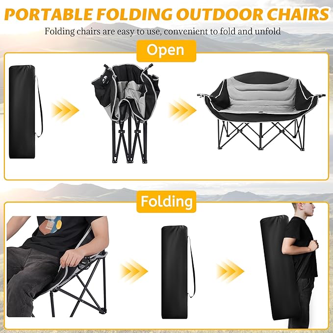 UBALANCE Double Camping Chair for Adults - Heavy Duty 650LBS Portable Camping Chairs Oversized Camping Loveseat, Folding Camping Chair for Garden Lawn Sport Picnic Beach Fishing (Gray)