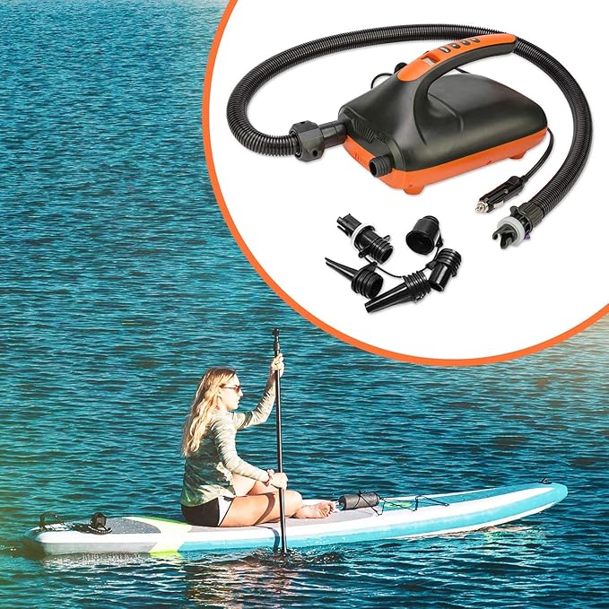 Tuomico 20PSI High Pressure SUP Electric Air Pump,Dual Stage Inflation Paddle Board Pump for Inflatable Stand Up Paddle Boards, Boats,Kayak,12V DC Car Connector