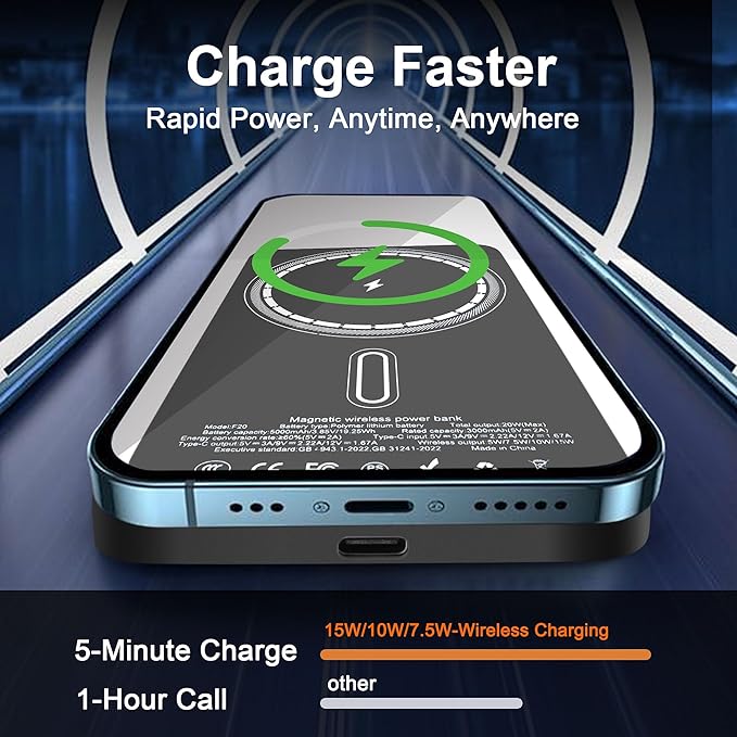 Magnetic Portable Charger 5000mAh, 15W Ultra Slim Wireless Portable Charger, Fast Charging for iPhone 17/16/15/14/13/12 Pro/Pro Max/Plus, Metal Shell, USB-C Cable to Charge Other Phones (Grey)