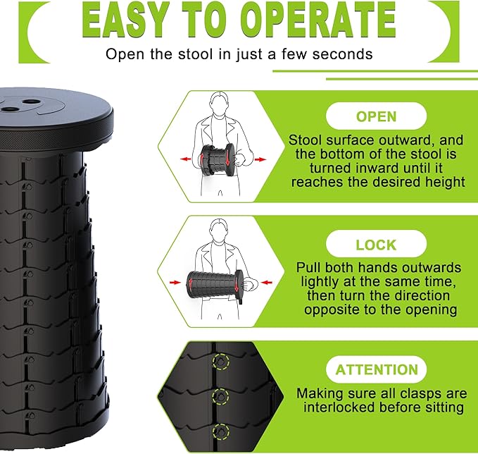 ALEVMOOM Upgraded Nylon Collapsible Stool with 500lbs Max Weight Portable Retractable Folding Telescoping Stools for Adults Chair for Outdoor Camping Fishing Hiking BBQ(Nylon Black)