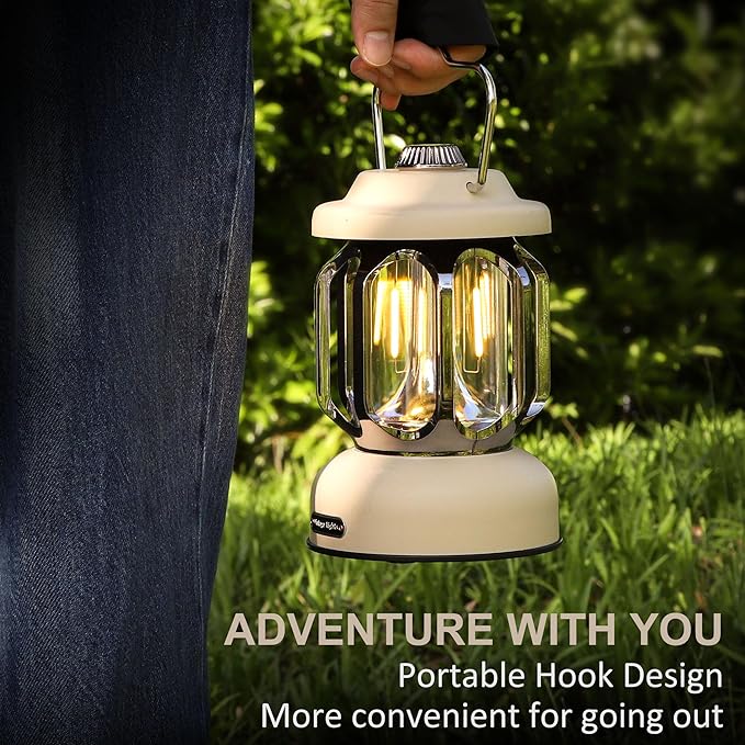 Rechargeable LED Camping Lanterns, 2000mAh Vintage Camping Lights Battery Operated Rechargeable , Hanging Retro Metal Hiking Tent Lamp for Emergency, Hurricane,Decoration,Home,White,2 Pack