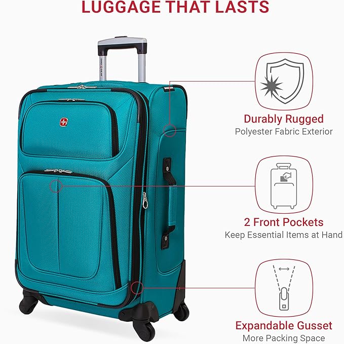 SwissGear Sion Softside Expandable Luggage – Medium Checked Suitcase with 360 Degree Wheels & Retractable Handle – 25 Inch, Perfect for 1-7 Night Trips – Teal