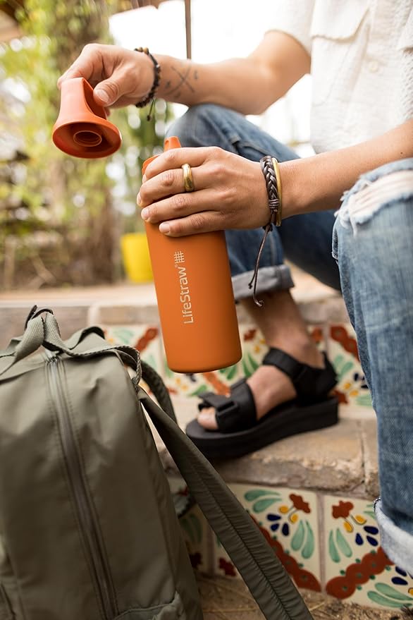 LifeStraw Go Series — Insulated Stainless Steel Water Filter Bottle for Travel and Everyday Use Removes Bacteria, Parasites and Microplastics, Improves Taste, 24oz Kyoto Orange