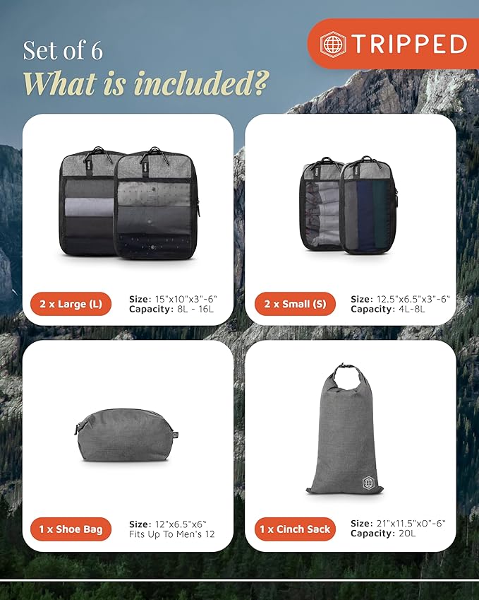 Premium Compression Packing Cubes for Travel, Compression Packaging Cube, Zip Bags Premium 6-Piece Set with laundry bag and shoe bag by TRIPPED Travel Gear (Grey Mesh)