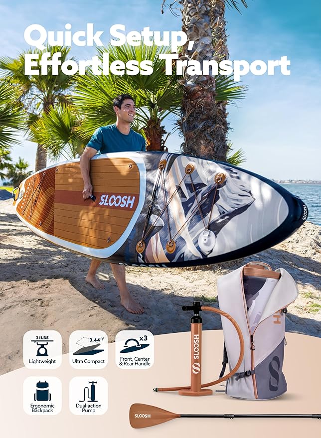 SLOOSH Inflatable Stand Up Paddle Board, 10'6" Inflatable Paddle Boards with Premium Accessories, Non-Slip EVA Deck, Ultra-Light Carry Bag Pump, Meander SUP for Youth & Adults