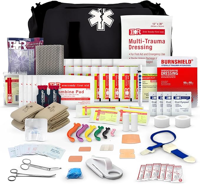 First Responder Trauma First Aid Kit Bag – Fully Stocked Emergency Medical Kit for Workplace, Vehicle & Home – OSHA & ANSI Compliant – Portable – Tactical Black