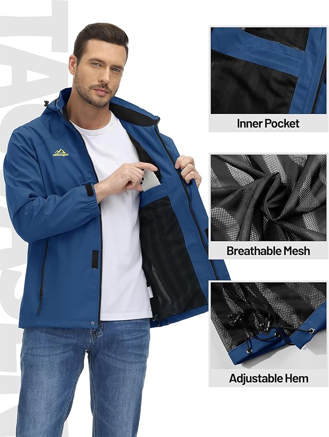 TACVASEN Men's Rain Jacket Lightweight Windbreaker with Hooded Water Resistant Outdoor Raincoat for Hiking Travel Camping