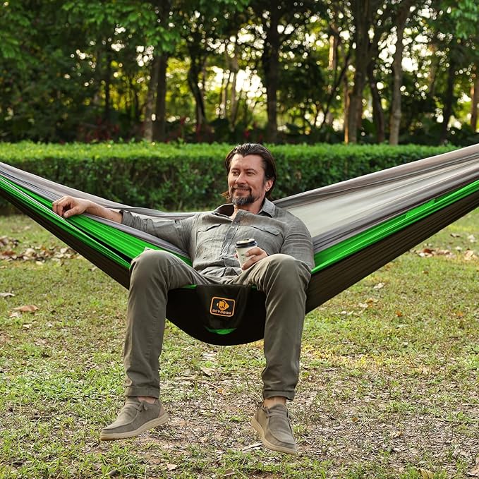 Camping Hammock, Portable Hammocks with Mosquito Net,Lightweight Nylon Parachute Hammock with 10ft Tree Straps,Camping Gear Must Haves for Travel Hiking Backpacking Beach Patio Black& Green